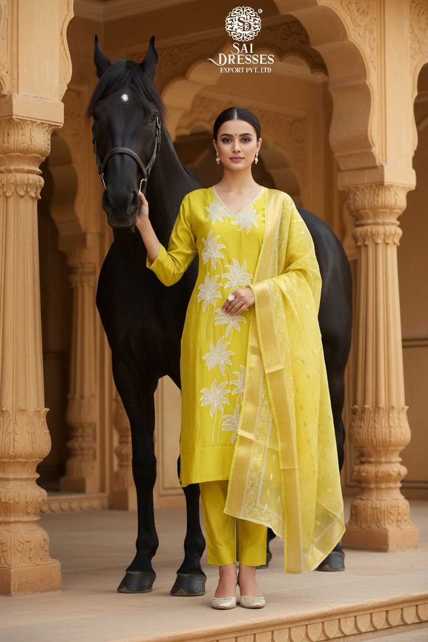 PREMIUM LEMON YELLOW ROMAN SILK HEAVY EMBROIDERY KURTI PANT DUPATTA SET WITH ELEGANT FLORAL MOTIFS