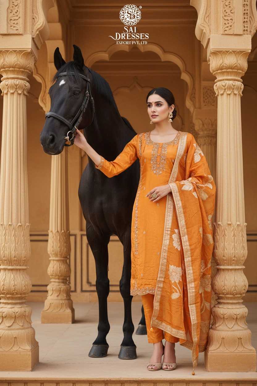 PREMIUM MUSTARD ORANGE PURE VISCOSE ORGANZA HEAVY HANDWORK KURTI PANT DUPATTA SET WITH RICH EMBROIDERED DETAILS
