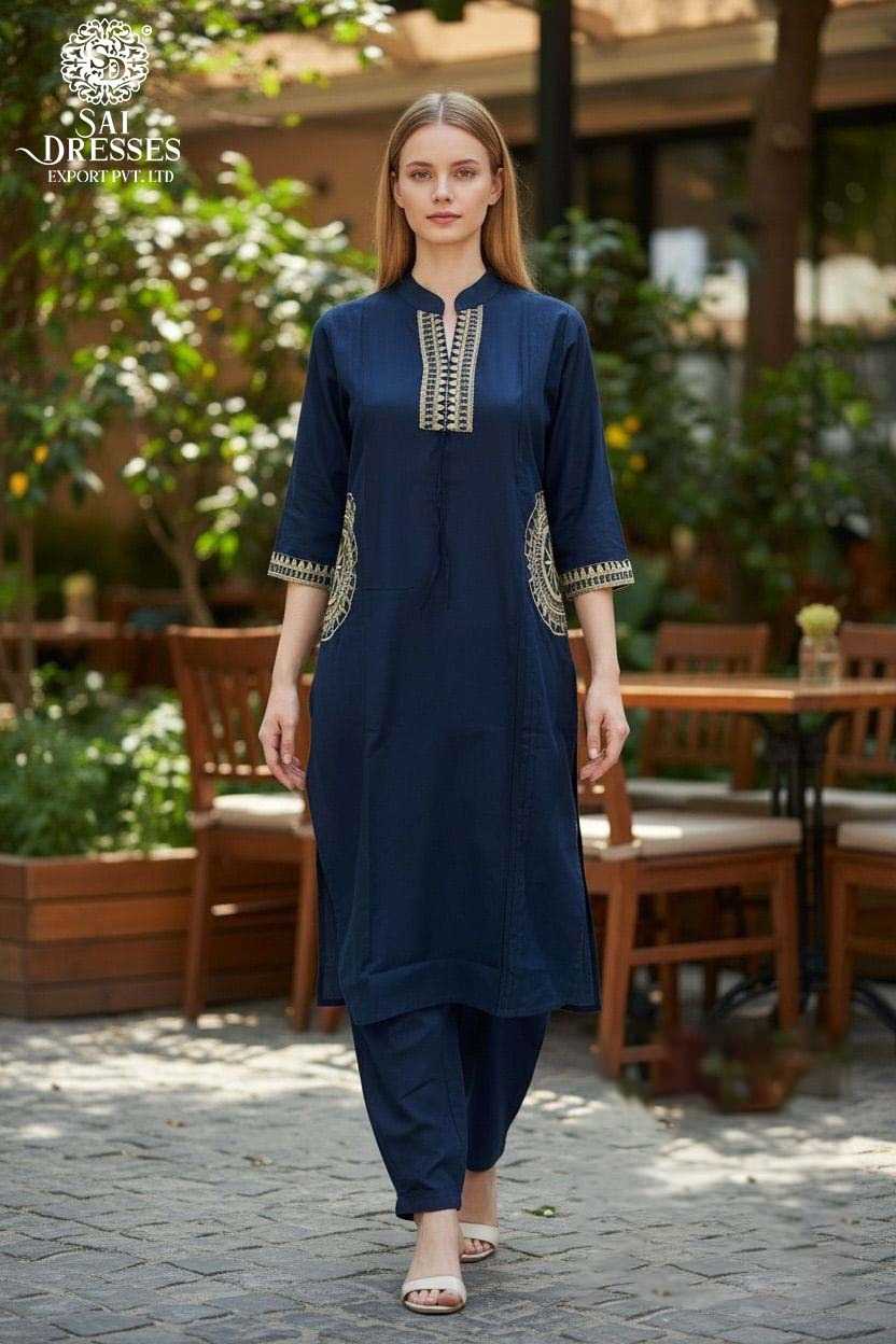 PREMIUM NAVY BLUE DABHU COTTON KURTI PANT SET WITH ELEGANT HAND EMBROIDERY WORK