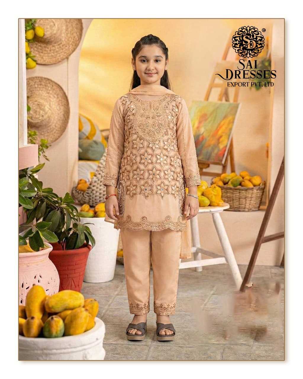 PREMIUM NUDE SHADE EMBROIDERY WORK KIDS SUIT WITH ELEGANT HANDWORK DETAILS  