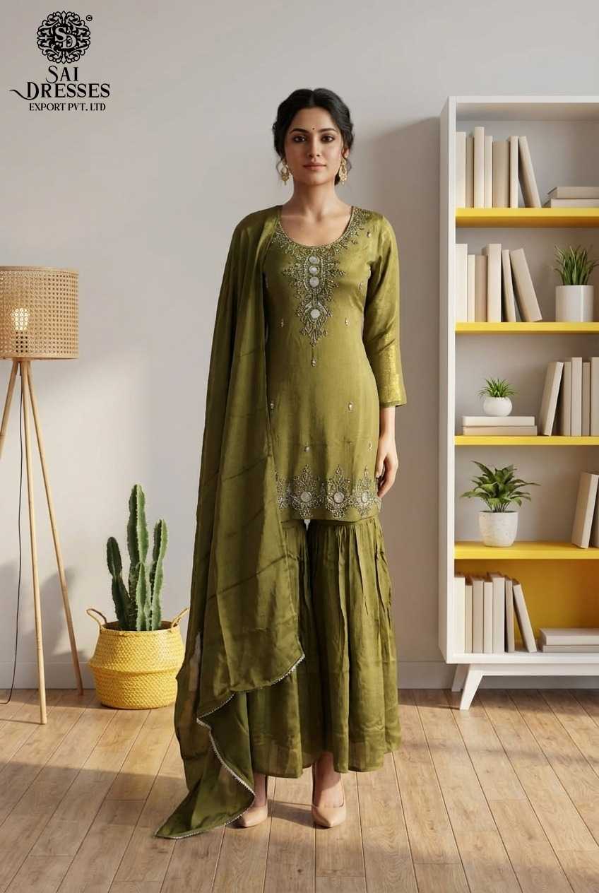 PREMIUM OLIVE GREEN PURE CHINON KURTI SHARARA DUPATTA SET WITH INTRICATE HAND WORK