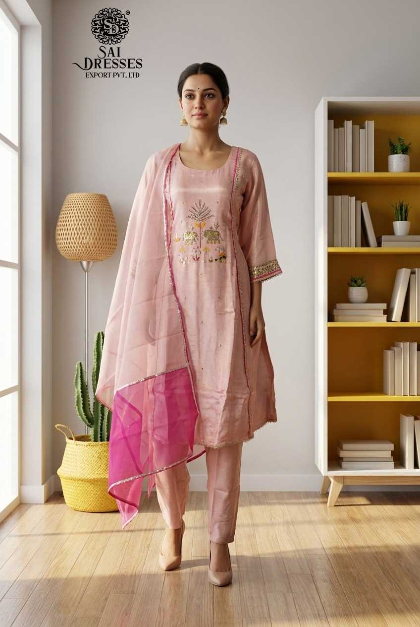 PREMIUM PEACH PINK PURE SHIMMER KURTI PANT DUPATTA SET WITH HEAVY HAND WORK AND TRADITIONAL MOTIF EMBELLISHMENT