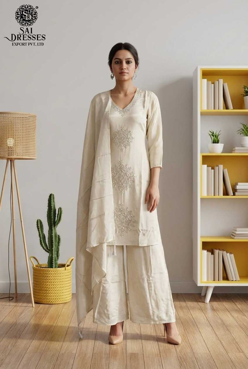 PREMIUM PEARL WHITE PURE NATURAL CREPE KURTI PALAZZO DUPATTA SET WITH HEAVY HAND WORK EMBELLISHMENT