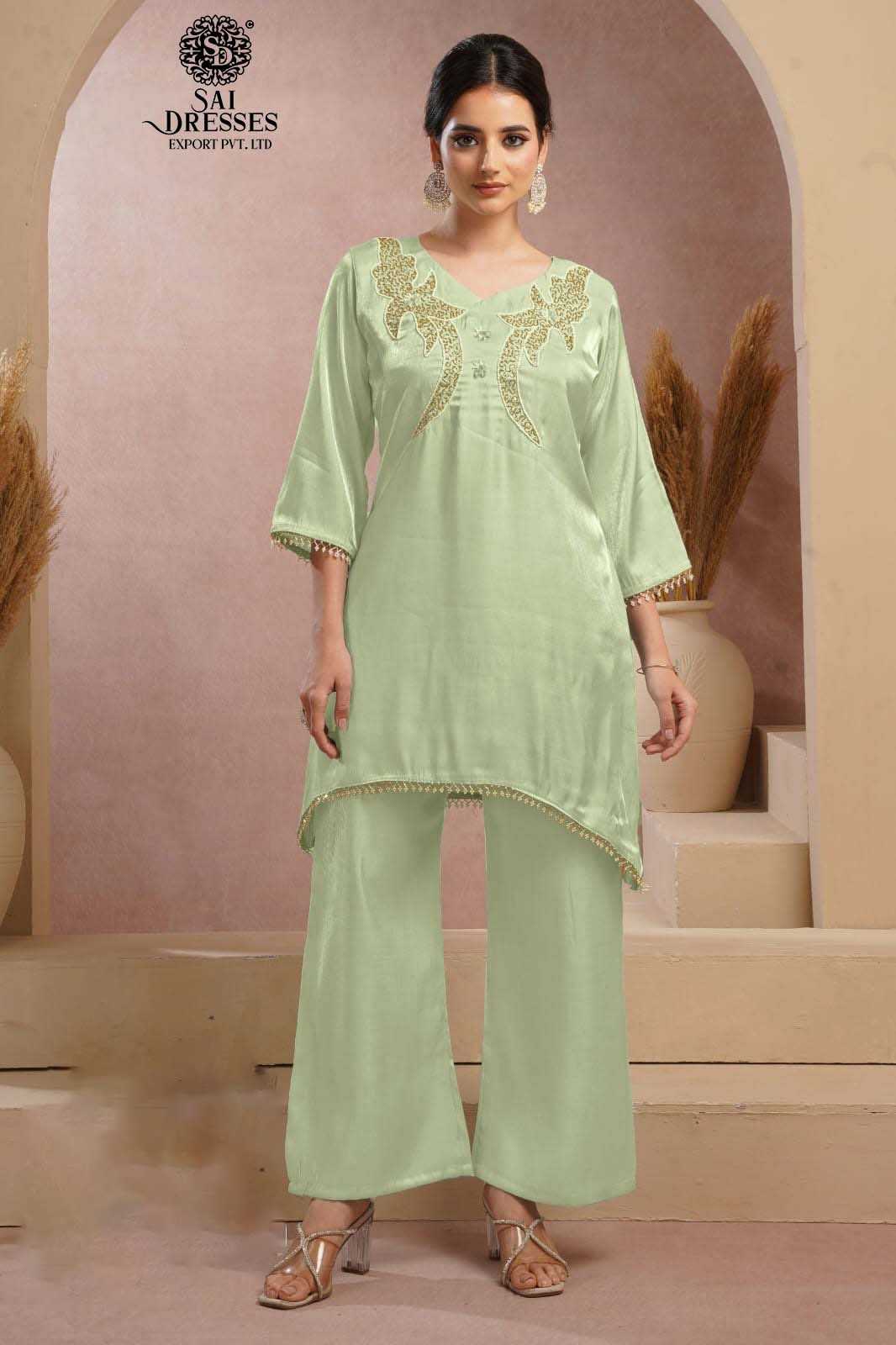PREMIUM PISTA GREEN GLASS ROMAN SILK HEAVY HANDWORK KURTI PANT SET WITH CLASSIC ETHNIC DETAILS