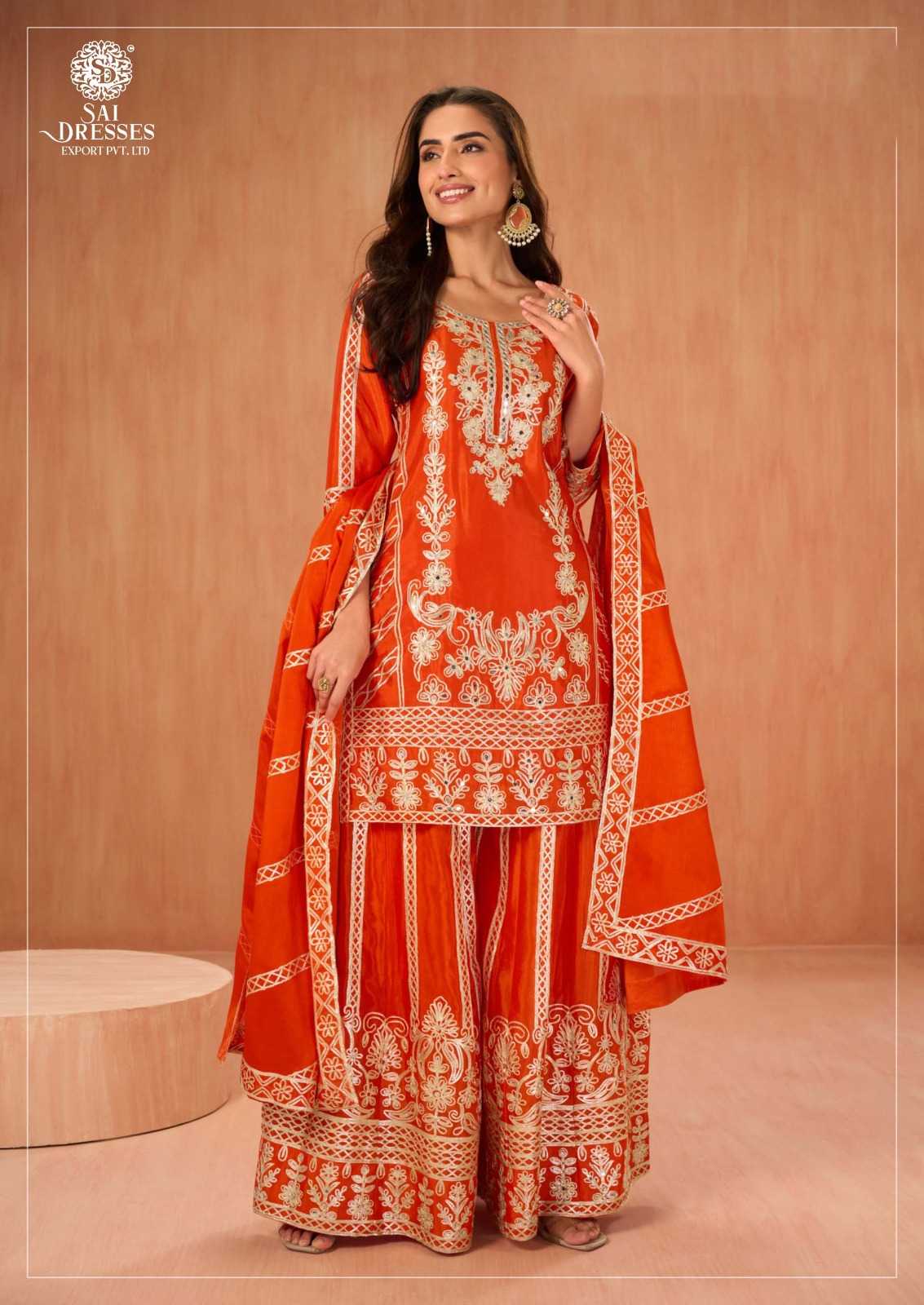 PREMIUM PURE CHINON ORANGE ELEGANT GOTA PATTI WORK SHARARA SUIT SET WITH MATCHING DUPATTA FOR WOMEN