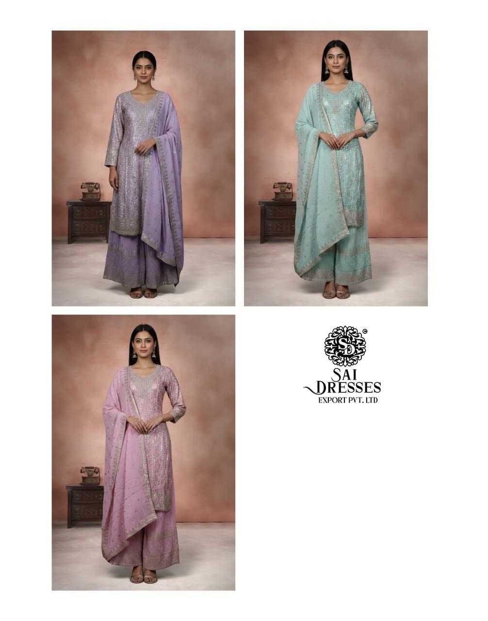 PREMIUM PURE CHINON SILK SUIT SET WITH HEAVY HAND EMBROIDERY AND DESIGNER DUPATTA IN LAVENDER, SEA GREEN AND BLUSH PINK