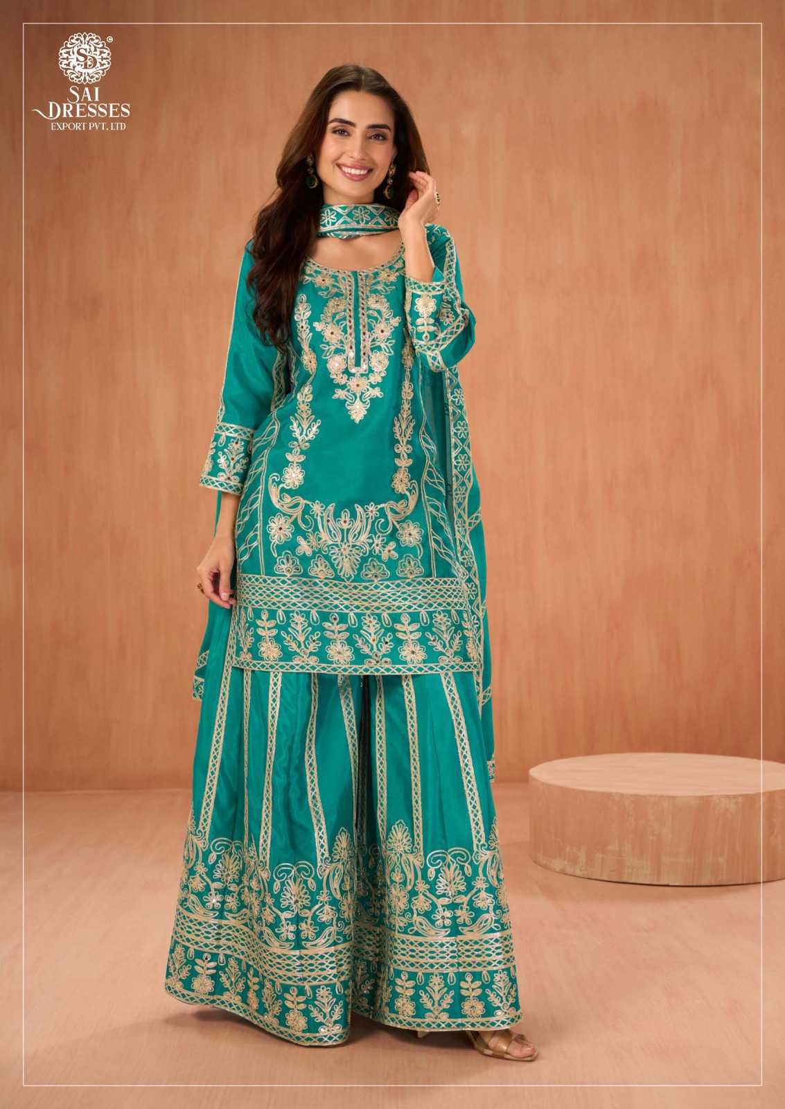 PREMIUM PURE CHINON TEAL ELEGANT GOTA PATTI WORK SHARARA SUIT SET WITH MATCHING DUPATTA FOR WOMEN