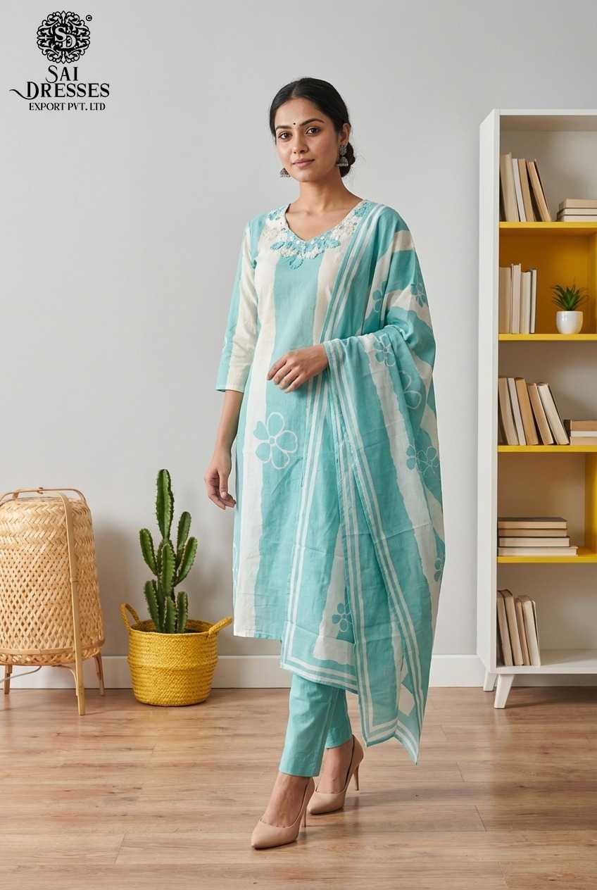 PREMIUM PURE COTTON AQUE MIST KURTI PANT SET WITH ELEGANT HANDWORK AND DIGITAL PRINT 