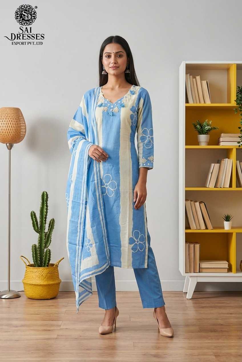 PREMIUM PURE COTTON FRENCH BLUE KURTI PANT SET WITH ELEGANT HANDWORK AND DIGITAL PRINT 