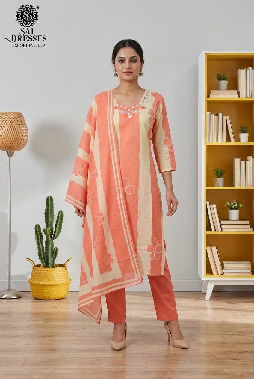 PREMIUM PURE COTTON PEACH ORANGE KURTI PANT SET WITH ELEGANT HANDWORK AND DIGITAL PRINT