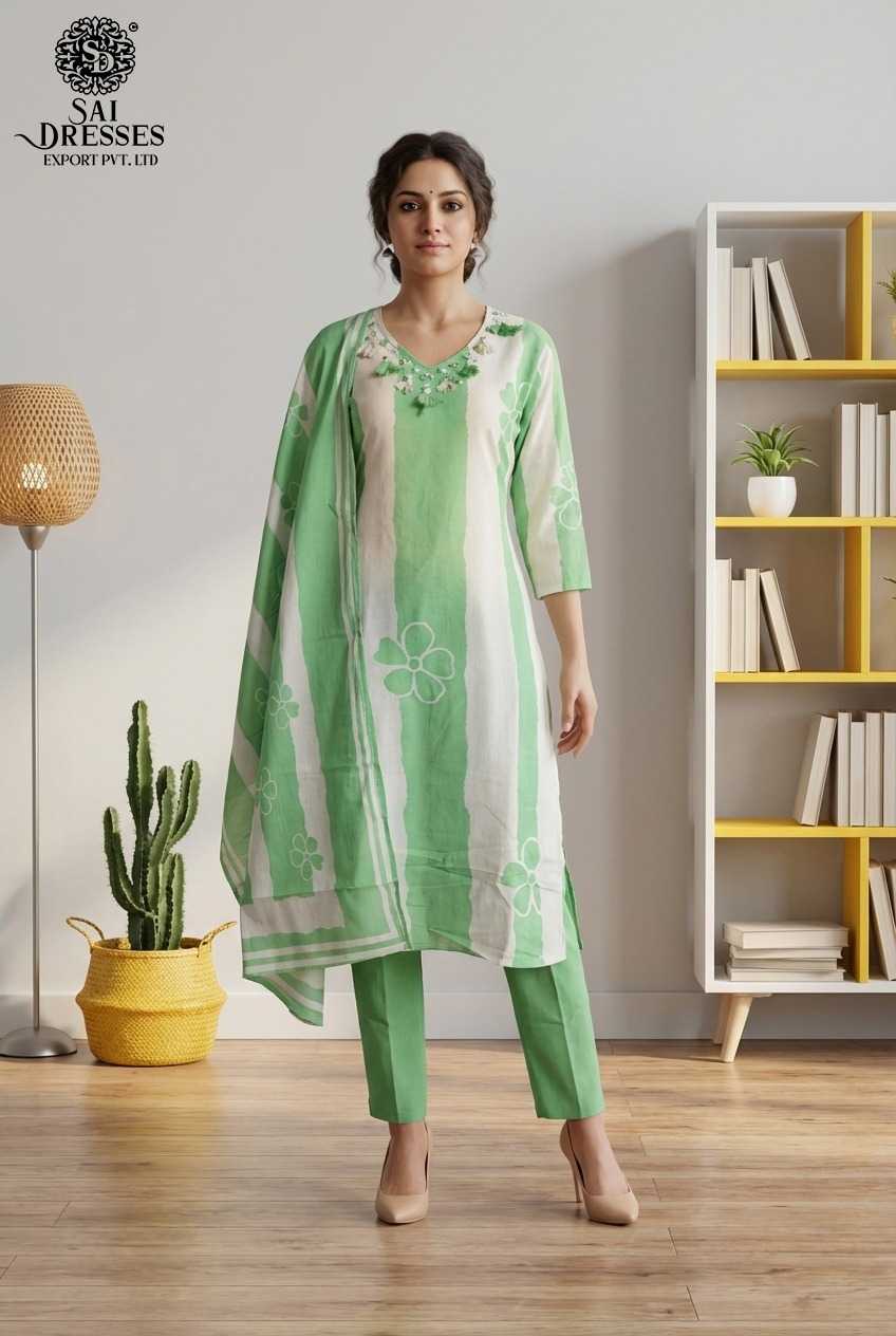 PREMIUM PURE COTTON PISTA GREEN KURTI PANT SET WITH ELEGANT HANDWORK AND DIGITAL PRINT 