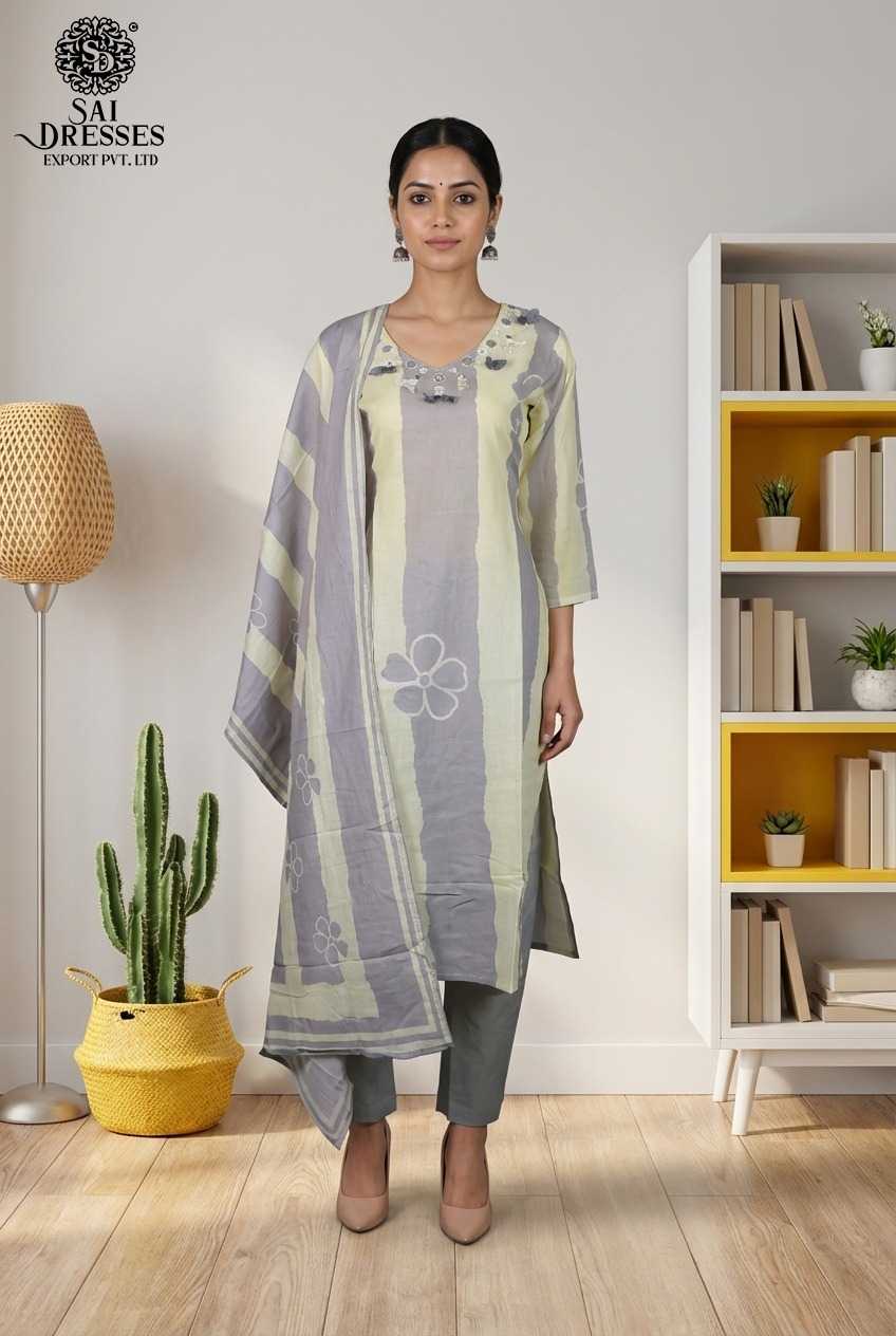 PREMIUM PURE COTTON SMOKE GREY KURTI PANT SET WITH ELEGANT HANDWORK AND DIGITAL PRINT 