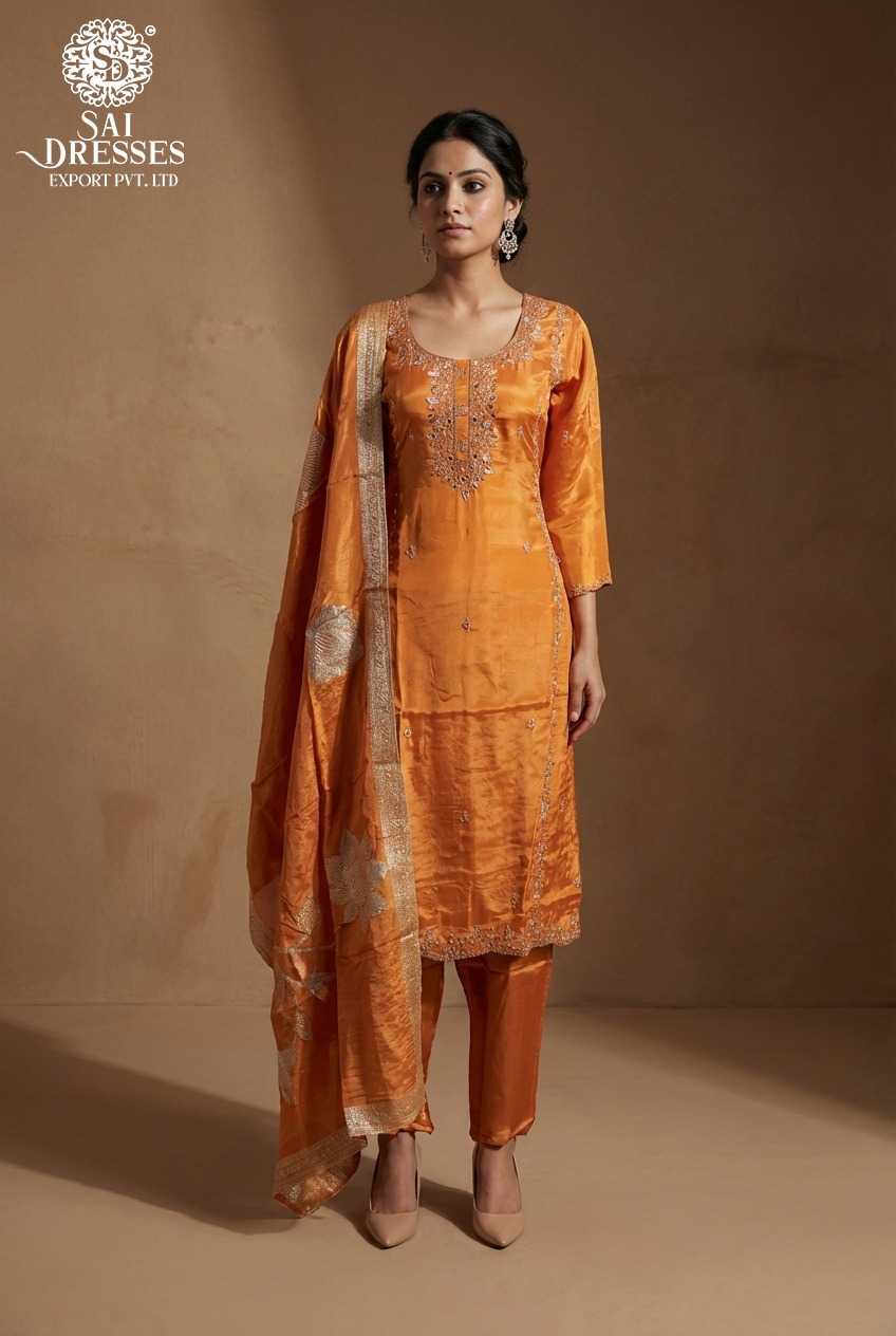 PREMIUM PURE CREPE ORANGE STRAIGHT KURTI WITH INTRICATE HANDWORK, MATCHING PANTS AND ELEGANT DUPATTA FOR WOMEN