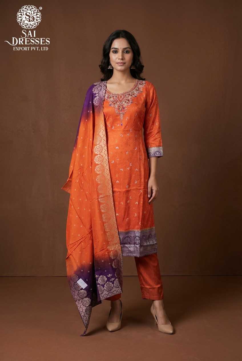 PREMIUM PURE DOLA JACQUARD STRAIGHT ORANGE KURTI WITH HEAVY HANDWORK AND RICH TRADITIONAL JACQUARD WEAVE, MATCHING PANTS AND ELEGANT DUPATTA FOR WOMEN