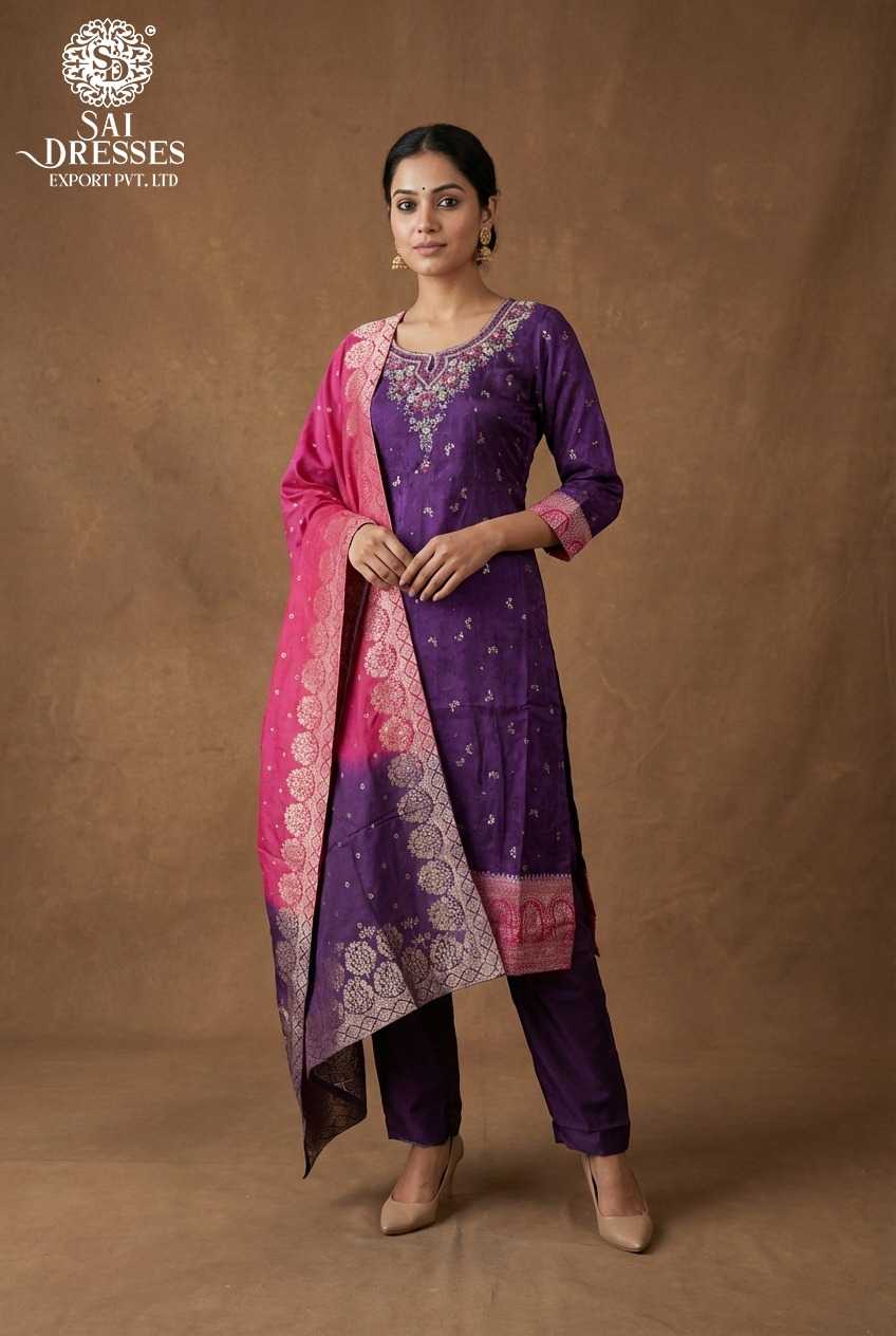 PREMIUM PURE DOLA JACQUARD STRAIGHT PURPLE KURTI WITH HEAVY HANDWORK AND RICH TRADITIONAL JACQUARD WEAVE, MATCHING PANTS AND ELEGANT DUPATTA FOR WOMEN