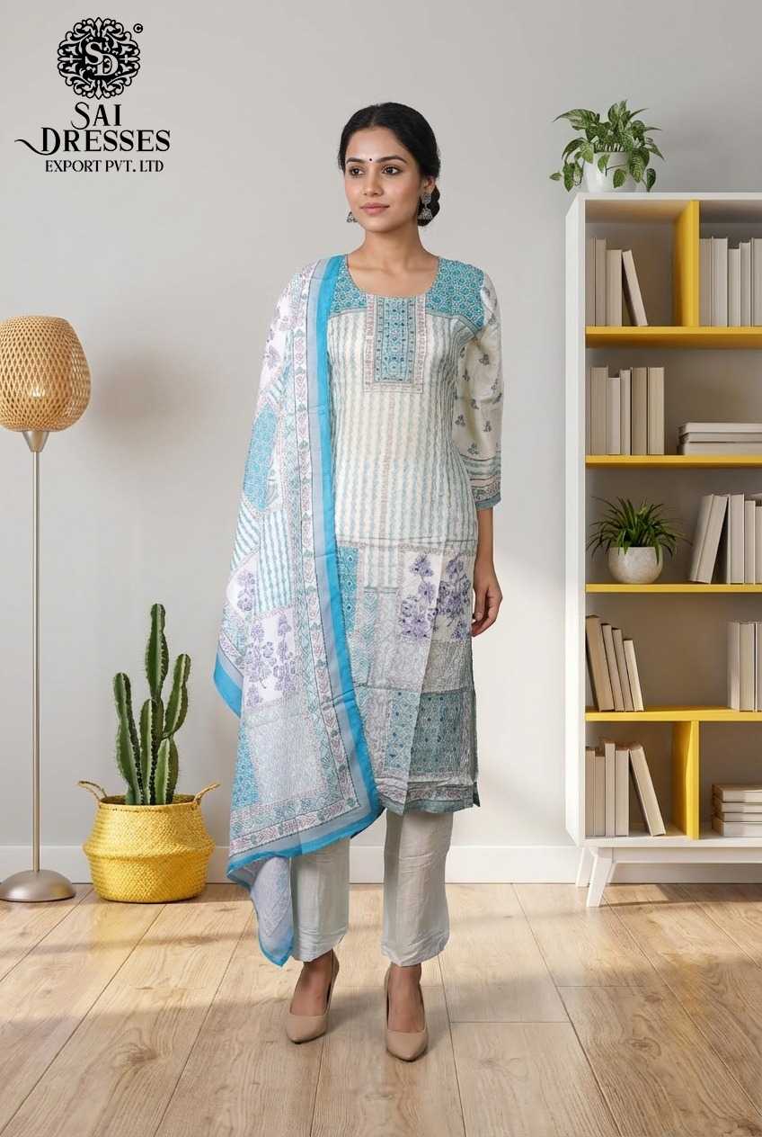  PREMIUM PURE MASLIN SKY BLUE AND OFF WHITE STRAIGHT KURTI WITH ELEGANT HANDWORK AND RICH DIGITAL FLORAL PRINT, MATCHING PANTS AND STYLISH DUPATTA FOR WOMEN