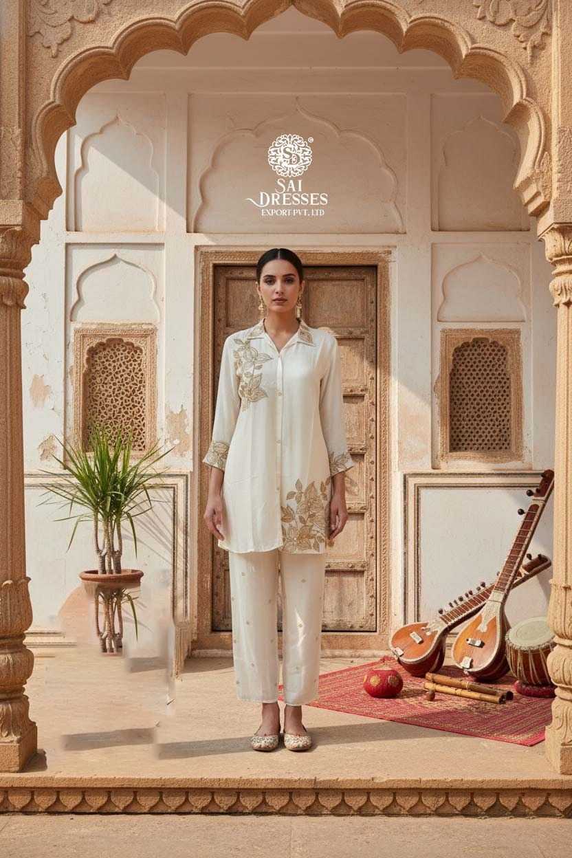 PREMIUM PURE SHIMMER CO-ORD SET WITH HEAVY HAND EMBROIDERY IN IVORY CREAM COLOUR