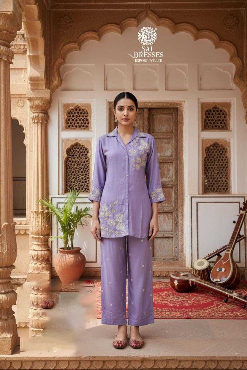 PREMIUM PURE SHIMMER CO-ORD SET WITH HEAVY HAND EMBROIDERY IN LAVENDER COLOUR