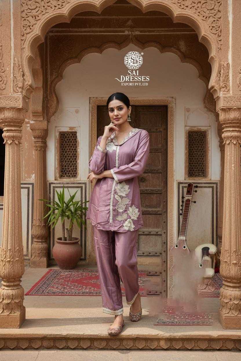 PREMIUM PURE SHIMMER CO-ORD SET WITH HEAVY HAND EMBROIDERY IN MAUVE PURPLE COLOUR