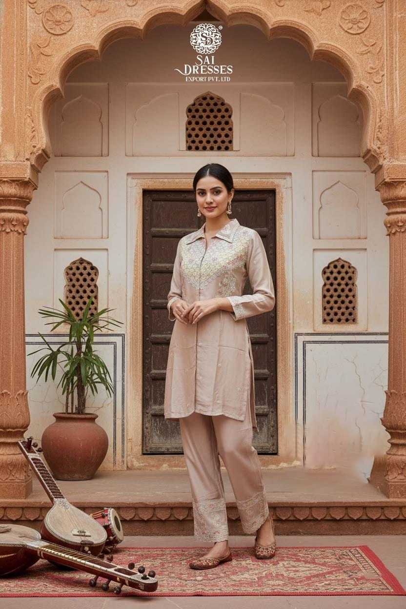 PREMIUM PURE SHIMMER CO-ORD SET WITH HEAVY HAND EMBROIDERY IN NUDE BEIGE COLOUR