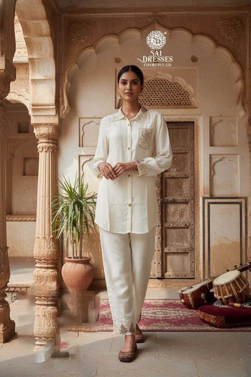 PREMIUM PURE SHIMMER CO-ORD SET WITH HEAVY HAND EMBROIDERY IN OFF WHITE COLOUR