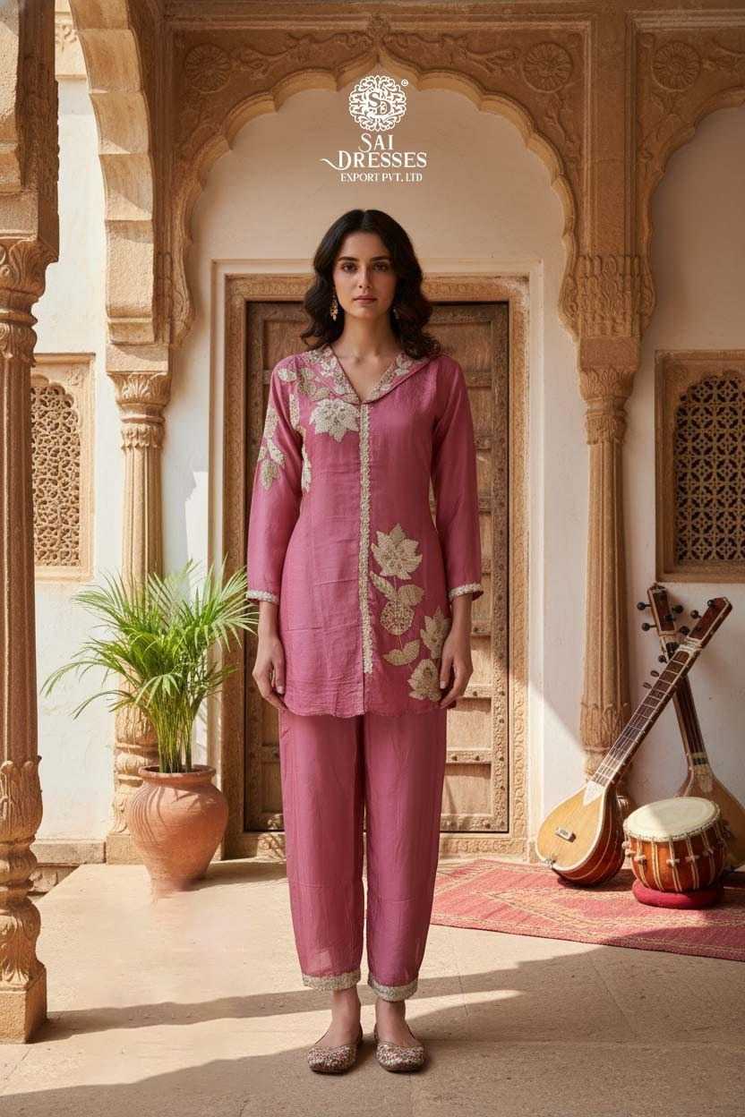 PREMIUM PURE SHIMMER CO-ORD SET WITH HEAVY HAND EMBROIDERY IN ROSE PINK COLOUR