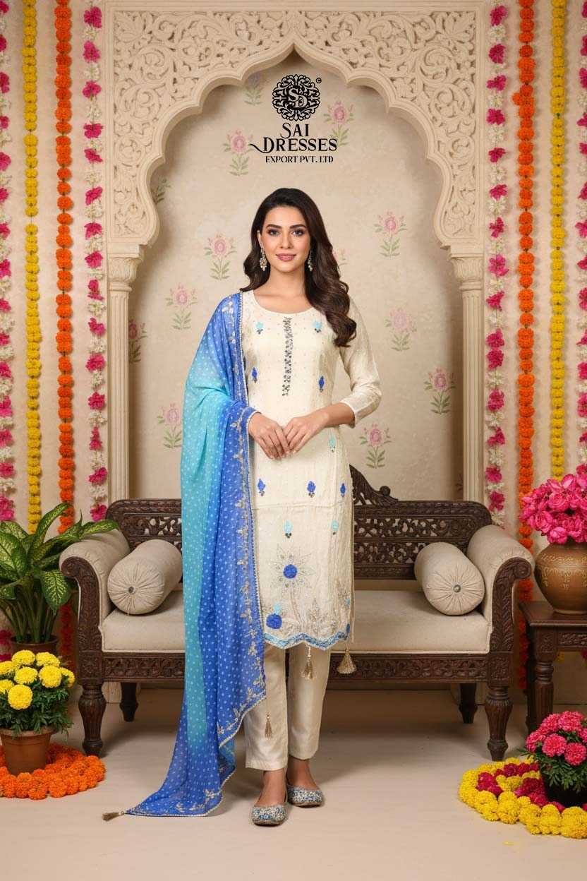 PREMIUM PURE SHIMMER JACQUARD BUTTY KURTI SET WITH HANDWORK IN IVORY BLUE COLOUR