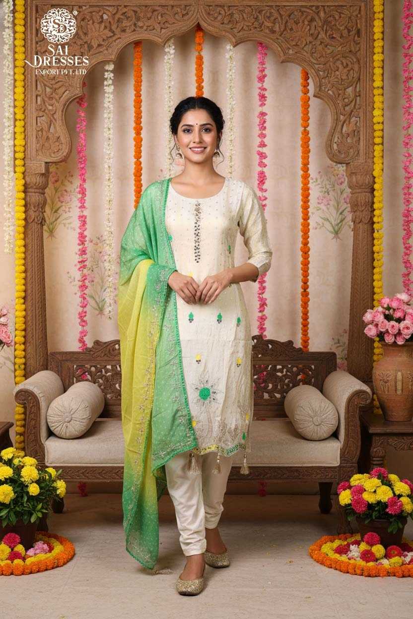 PREMIUM PURE SHIMMER JACQUARD BUTTY KURTI SET WITH HANDWORK IN IVORY GREEN COLOUR