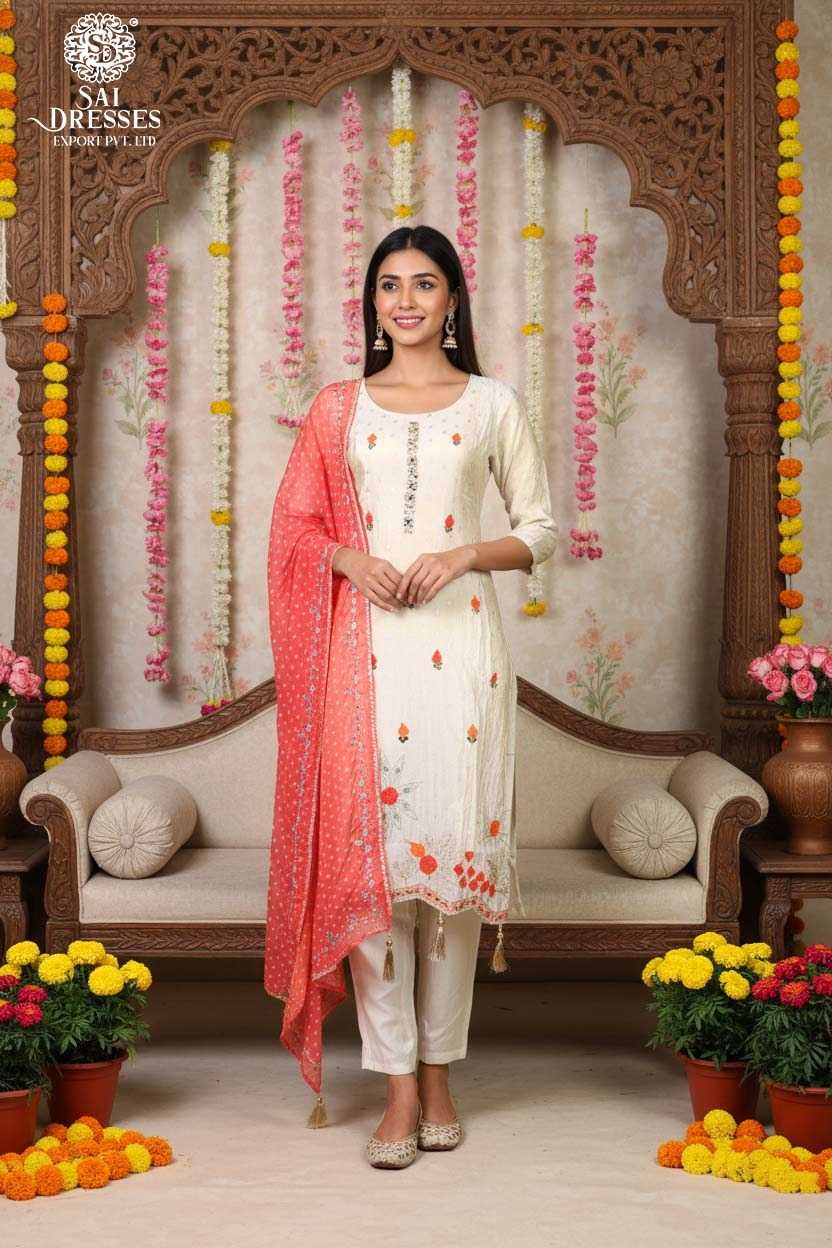 PREMIUM PURE SHIMMER JACQUARD BUTTY KURTI SET WITH HANDWORK IN IVORY PEACH COLOUR