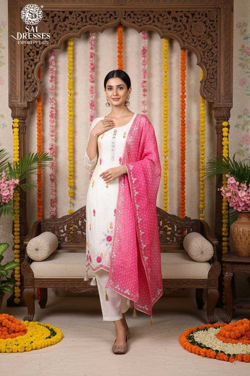  PREMIUM PURE SHIMMER JACQUARD BUTTY KURTI SET WITH HANDWORK IN IVORY PINK COLOUR