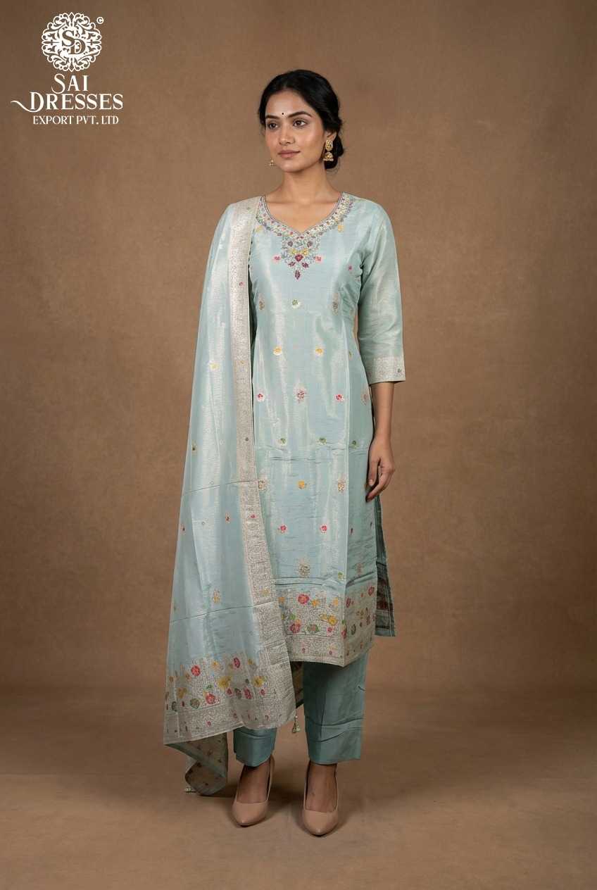PREMIUM PURE SIMMER PASTEL GREEN STRAIGHT KURTI WITH HEAVY HANDWORK, MATCHING PANTS AND ELEGANT DUPATTA FOR WOMEN