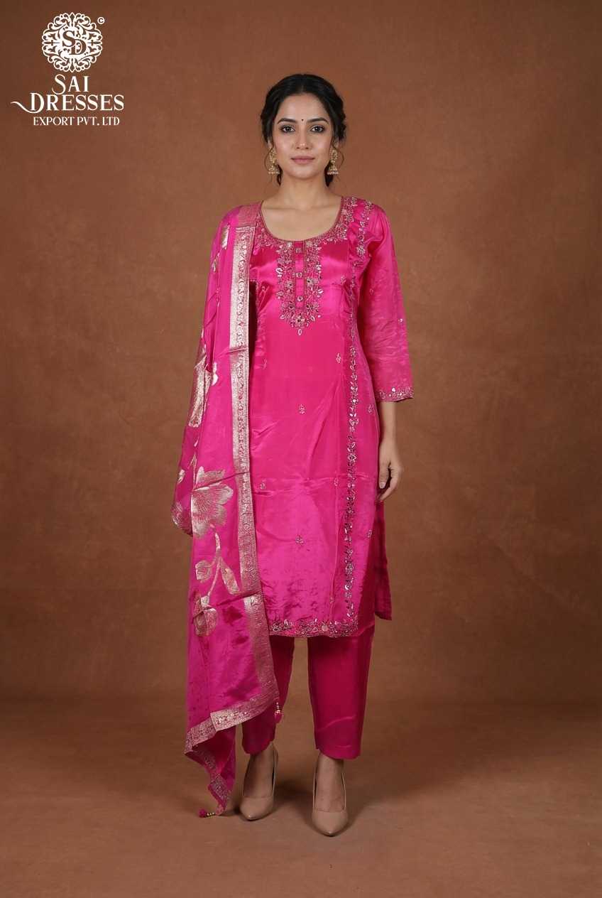 PREMIUM PURE SOFT ORGANZA PINK STRAIGHT KURTI WITH DELICATE HANDWORK, MATCHING PANTS AND ELEGANT DUPATTA FOR WOMEN
