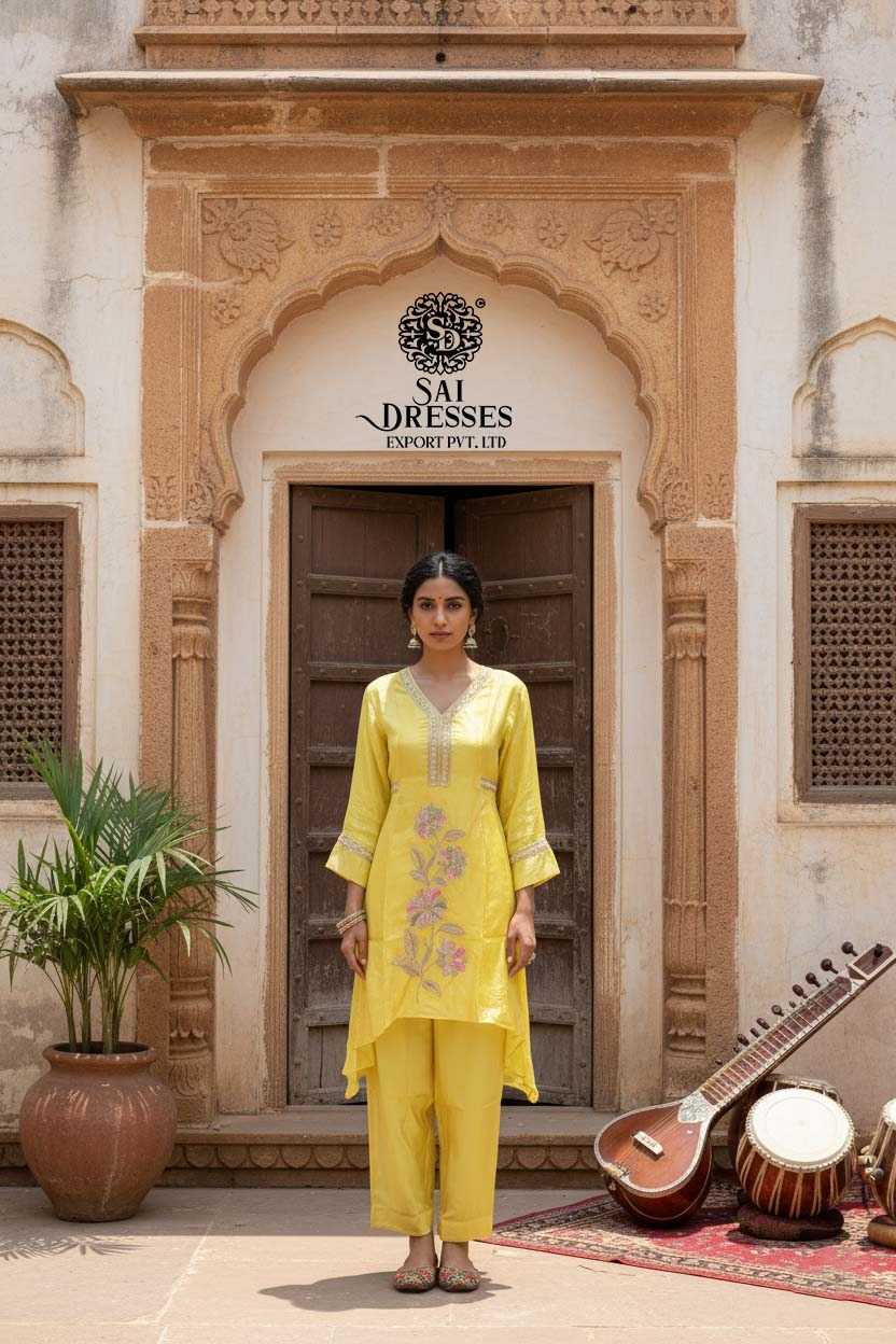 PREMIUM PURE VISCOSE NATURAL CREPE SUNSHINE YELLOOW KURTI PANT SET WITH HEAVY HAND EMBROIDERY AND ELEGANT FESTIVE FINISH