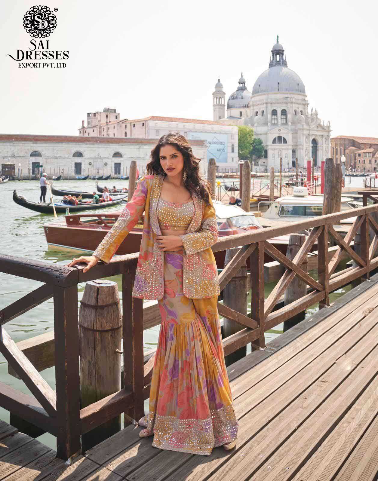 PREMIUM REAL CHINON SILK GHARARA SET WITH HEAVY EMBROIDERED JACKET AND DIGITAL FLORAL PRINT IN PASTEL AND MULTI SHADES