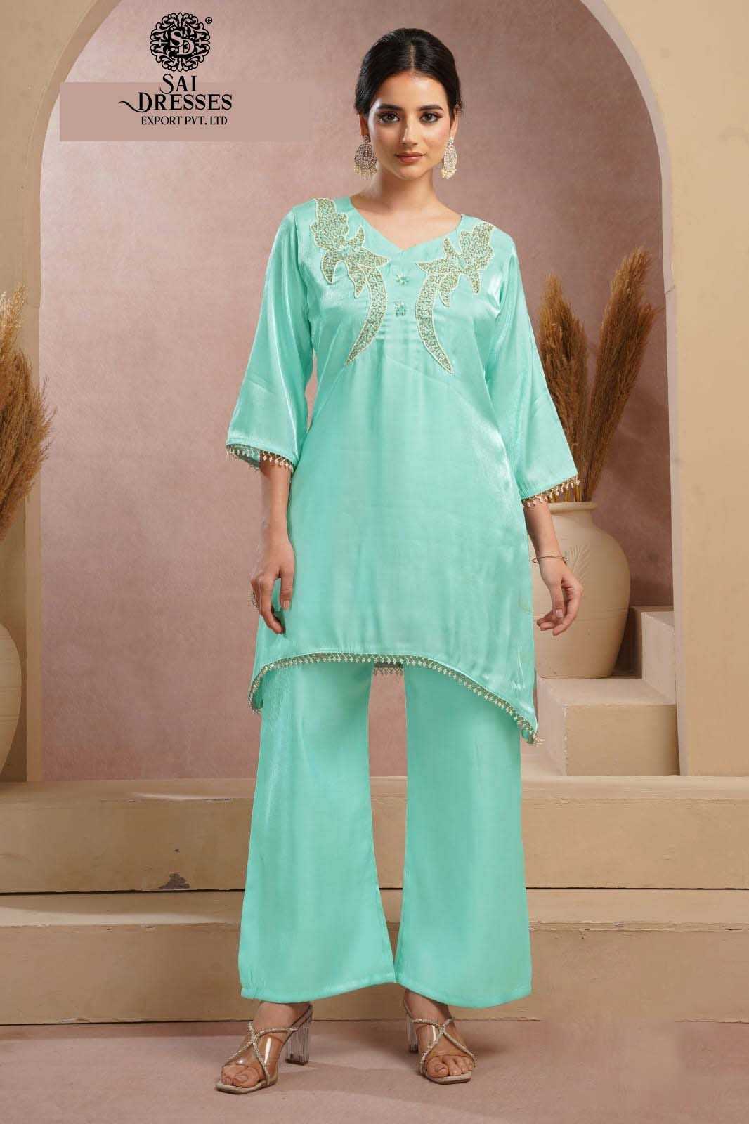 PREMIUM SEA GREEN GLASS ROMAN SILK HEAVY HANDWORK KURTI PANT SET WITH RICH DESIGNER EMBROIDERY