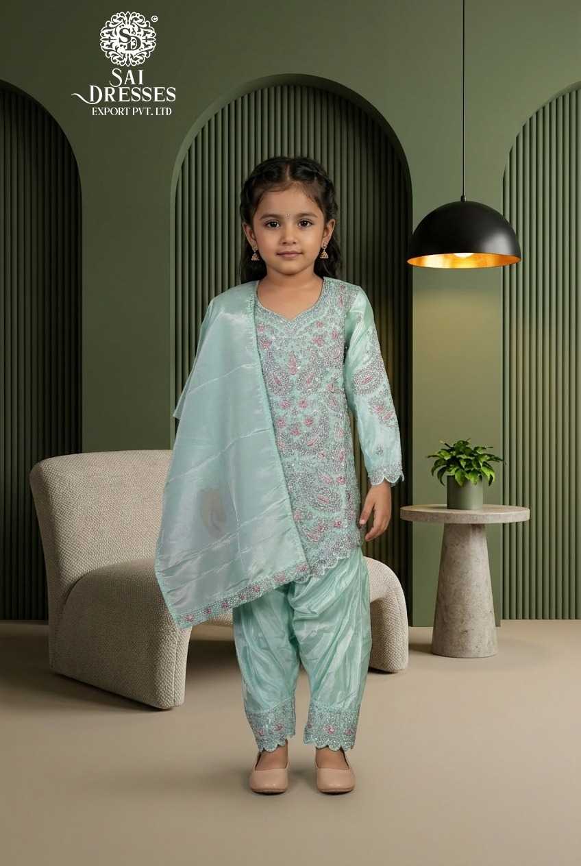 PREMIUM SILK KIDS SUIT WITH HEAVY BEADS & SEQUENCE HANDWORK IN SEA GREEN COLOUR