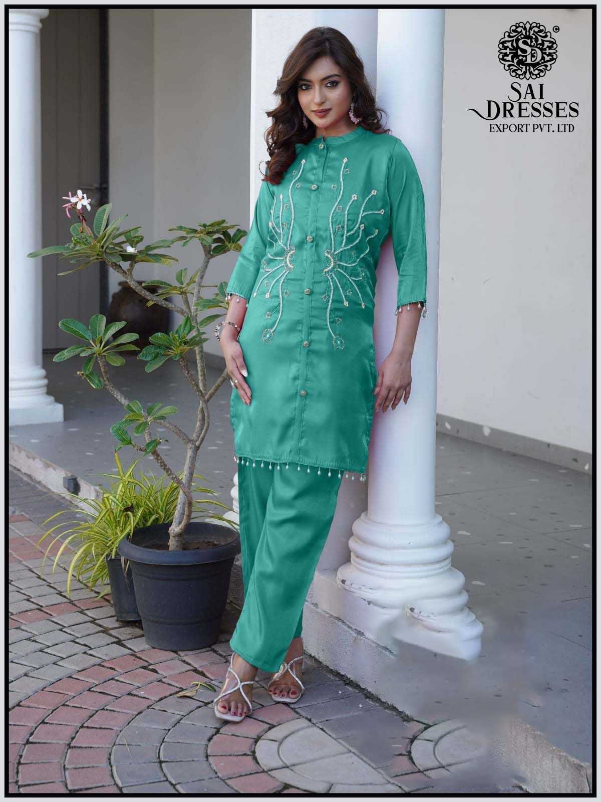 PREMIUM TEAL GREEN ROMAN SHIMMER HEAVY HANDWORK KURTI PANT SET WITH MODERN ETHNIC DESIGN