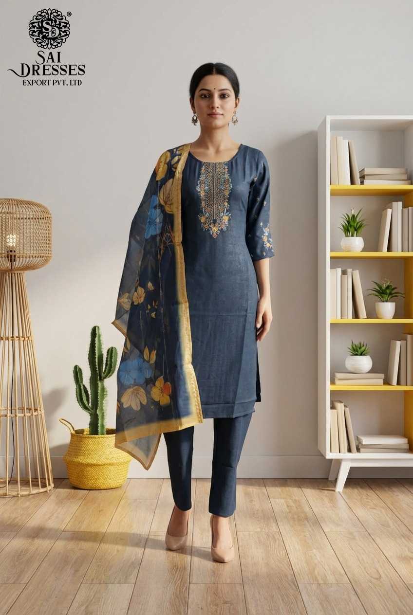 PREMIUM VATICAN SILK BLUE EMBROIDERED STRAIGHT CUT KURTI WITH MATCHING PANTS AND ELEGANT DUPATTA FOR WOMEN