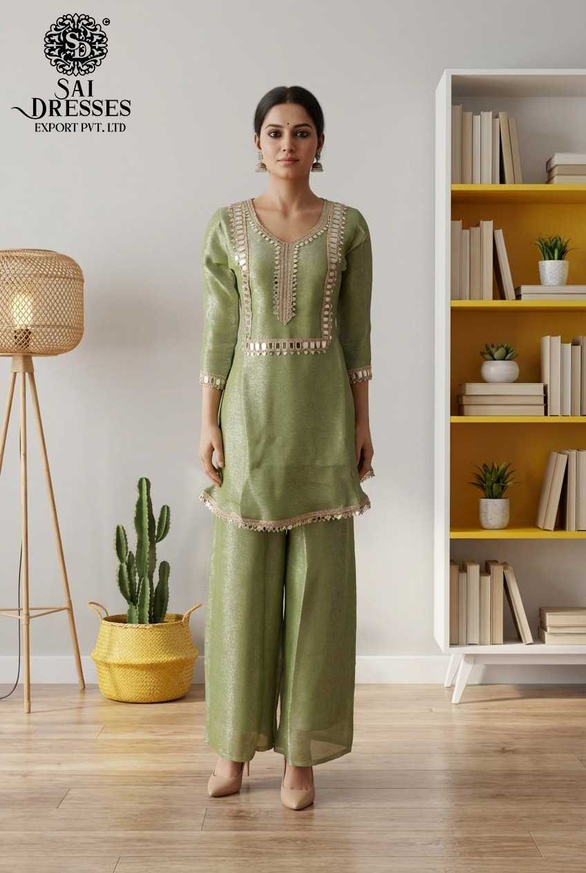 PREMIUM VISCOSE SHIMMER STRAIGHT OLIVE GREEN  KURTI WITH HEAVY HANDWORK AND ELEGANT EMBELLISHMENTS, MATCHING PALAZZO PANTS FOR WOMEN