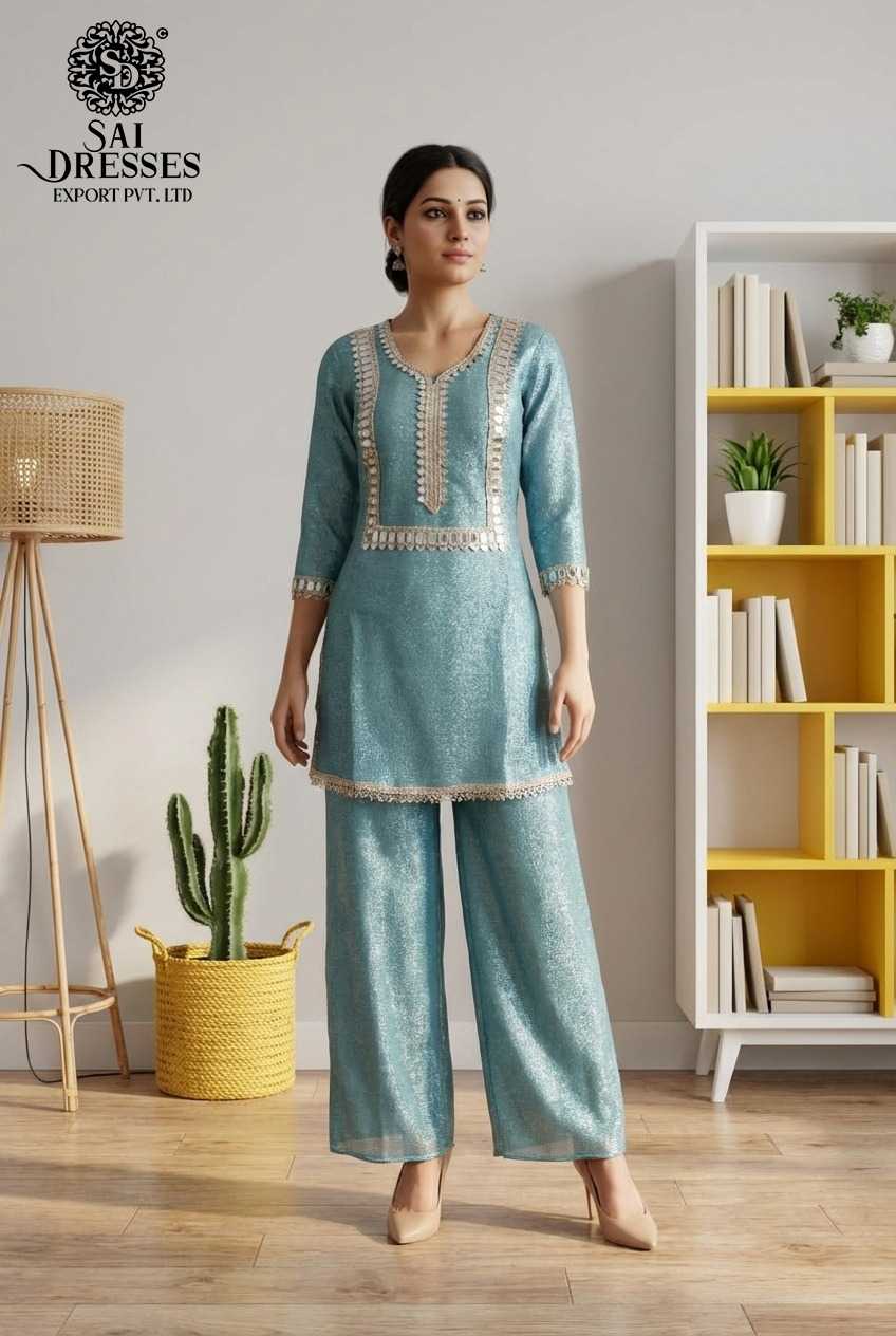 PREMIUM VISCOSE SHIMMER STRAIGHT TEAL BLUE KURTI WITH HEAVY HANDWORK AND ELEGANT EMBELLISHMENTS, MATCHING PALAZZO PANTS FOR WOMEN