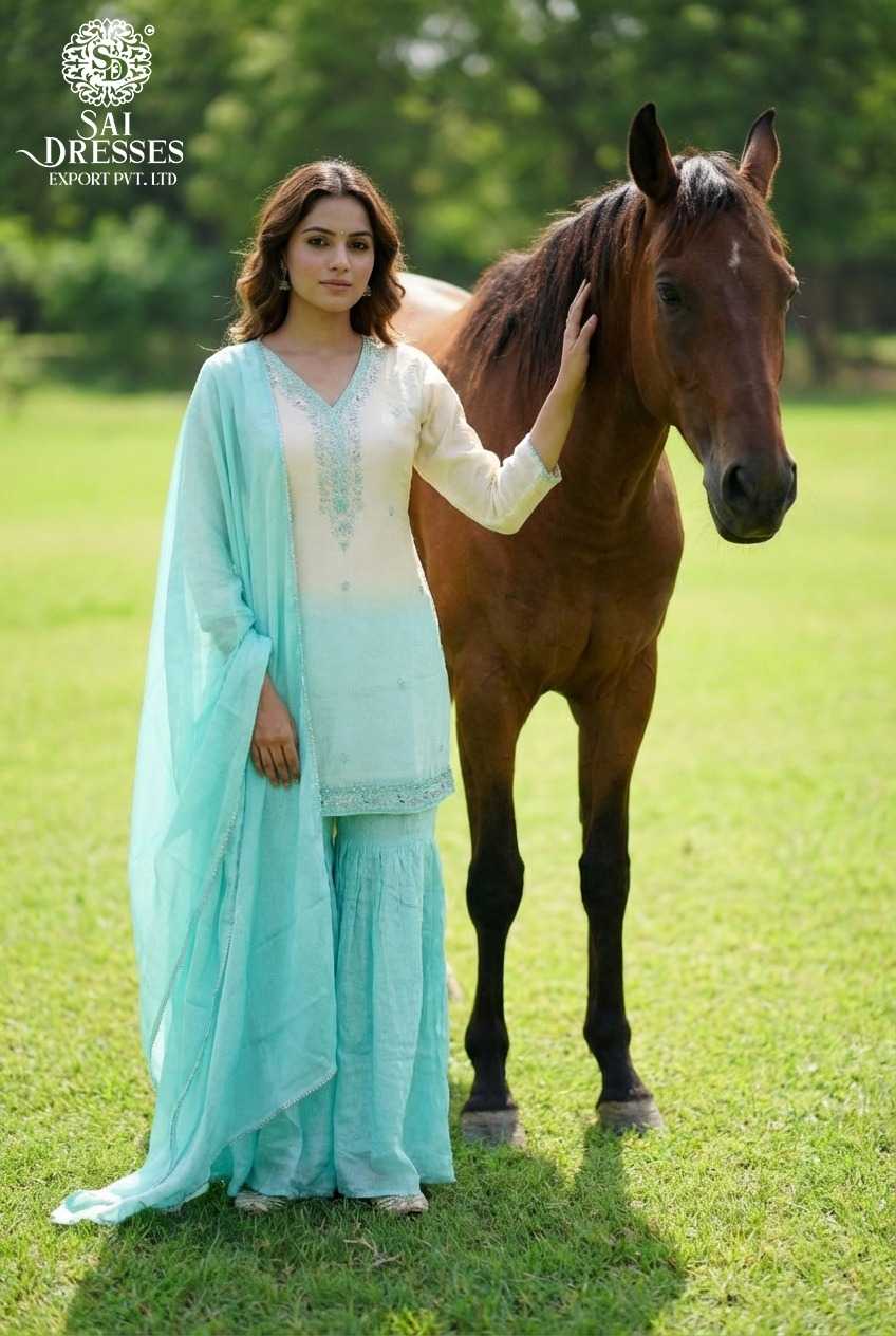 PURE CHINON AQUA GREEN SHARARA SUIT WITH RICH HEAVY HANDWORK, SOFT FLOWY FABRIC & MATCHING DUPATTA