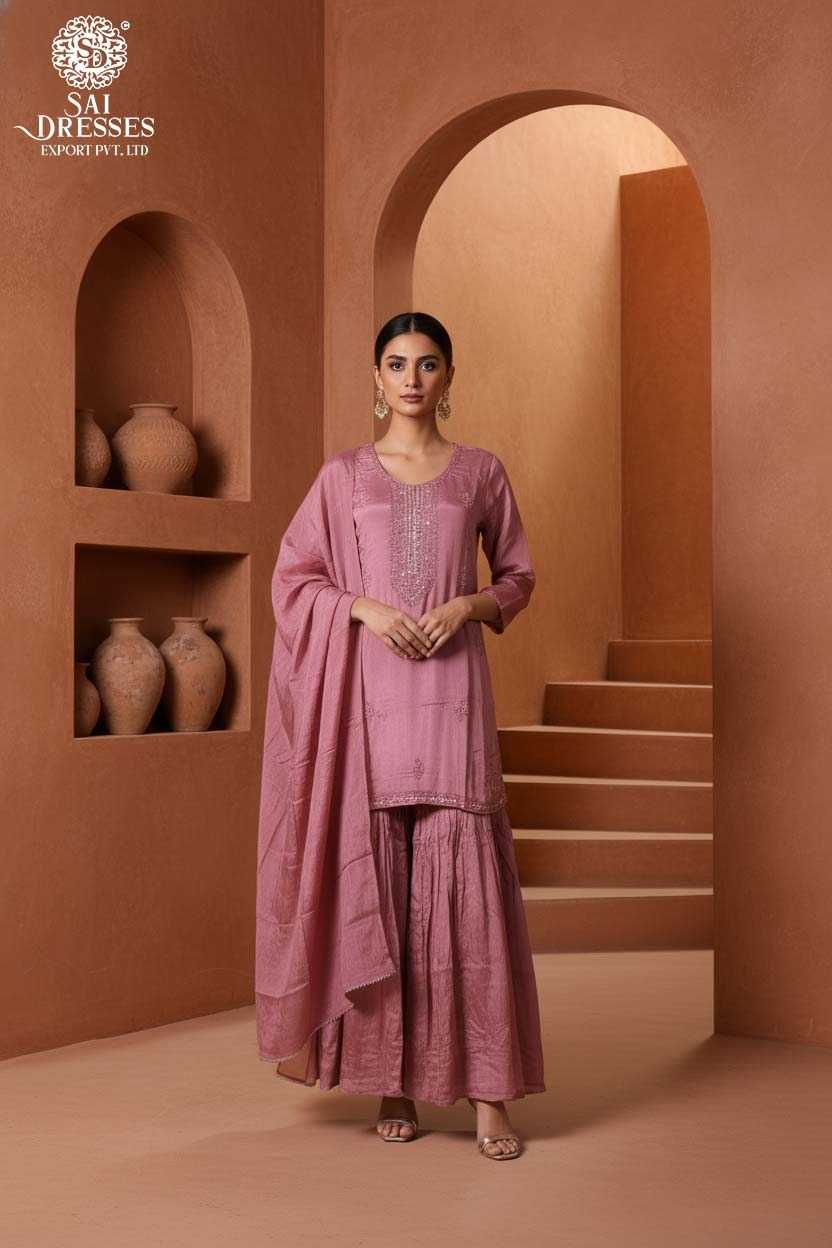 PURE CHINON DUSTY ROSE SUIT WITH HEAVY HAND WORK, ELEGANT EMBELLISHED NECKLINE, FLOWY SILHOUETTE AND PREMIUM FESTIVE FINISH