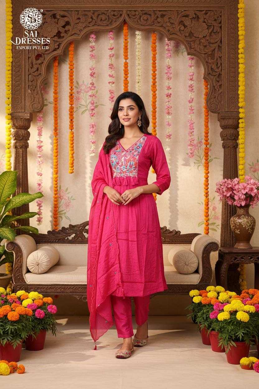 PURE CHINON FUCHSIA PINK SUIT WITH EXQUISITE HAND WORK AND DETAILED EMBROIDERY, SOFT FLOWY FABRIC AND ELEGANT FESTIVE APPEAL