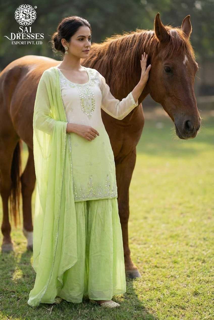 PURE CHINON LIME GREEN SHARARA SUIT WITH INTRICATE HEAVY HAND EMBROIDERY AND GRACEFUL FESTIVE FINISH