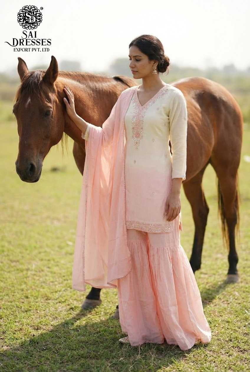 PURE CHINON PEACH PINK SHARARA SUIT WITH LUXURIOUS HEAVY HANDWORK, FLOWY SHARARA & SOFT DUPATTA