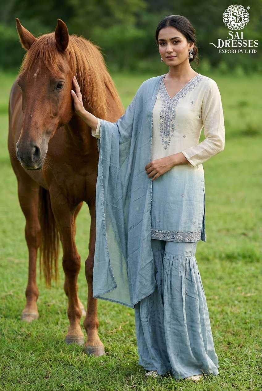 PURE CHINON POWDER BLUE SHARARA SUIT WITH HEAVY HAND EMBROIDERY, MATCHING DUPATTA & ELEGANT FESTIVE LOOK