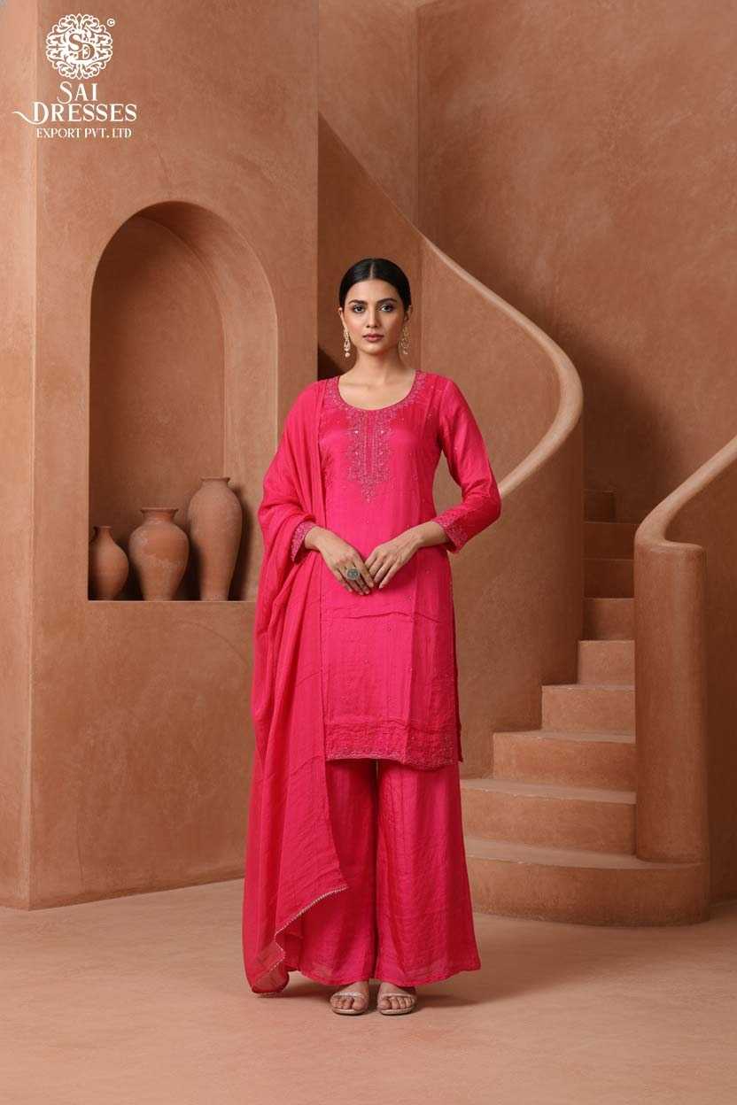 PURE CHINON RANI PINK SUIT WITH HEAVY HAND WORK, DELICATE EMBELLISHED NECKLINE, FLOWY SILHOUETTE AND PREMIUM FESTIVE APPEAL