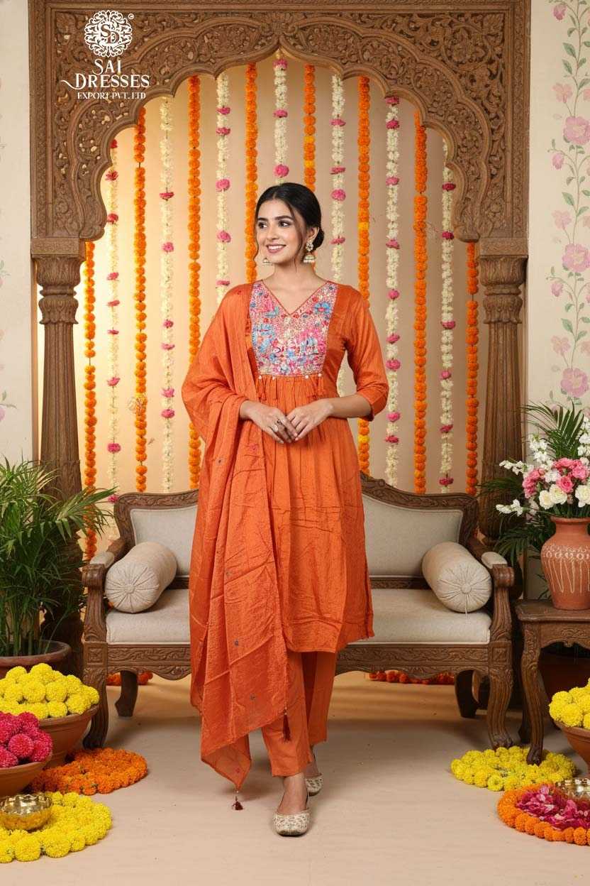 PURE CHINON RUST ORANGE SUIT WITH EXQUISITE HAND WORK AND DETAILED EMBROIDERY, SOFT FLOWY FABRIC AND ELEGANT FESTIVE APPEAL