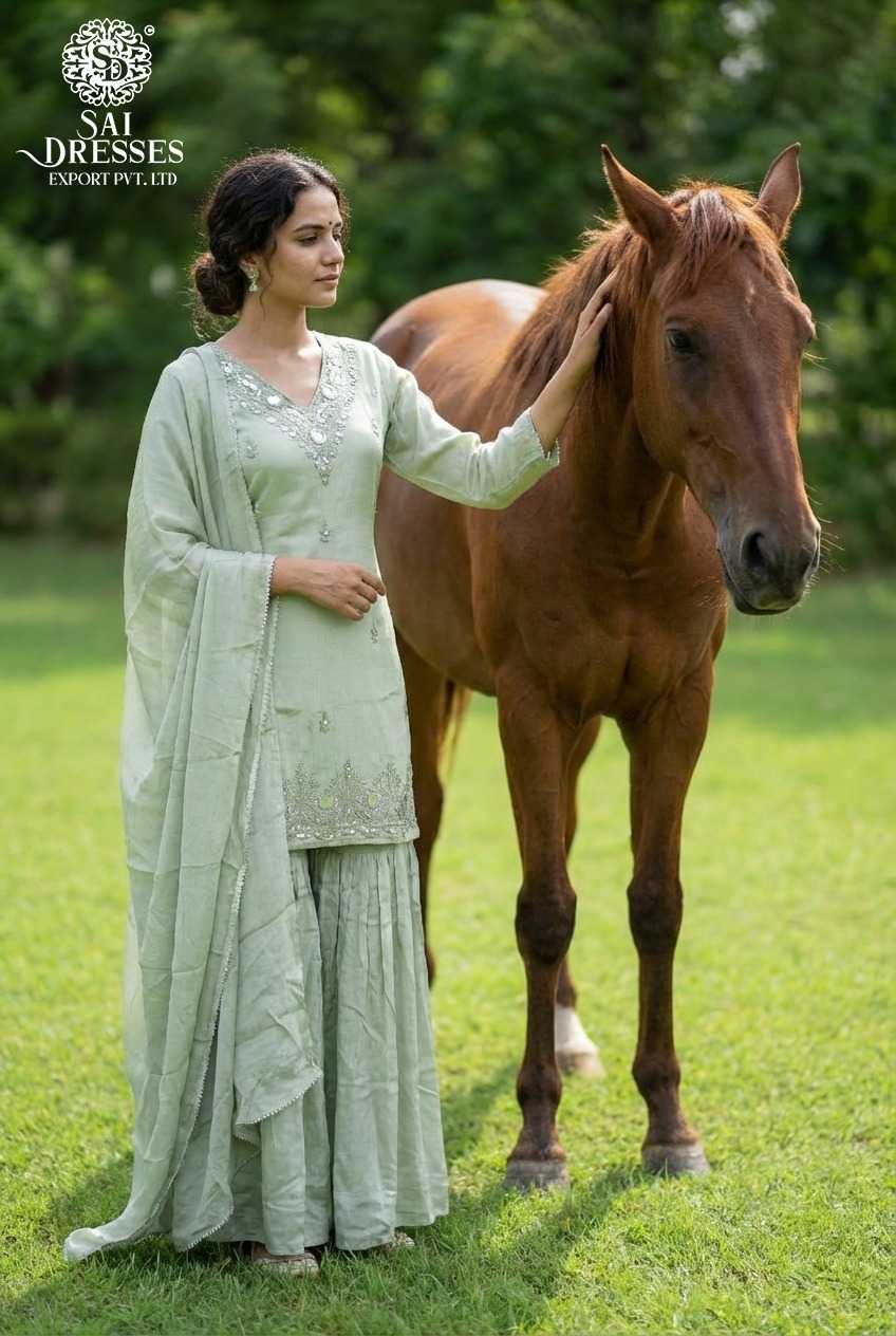 PURE CHINON SAGE GREEN SHARARA SUIT WITH PREMIUM HEAVY HAND EMBROIDERY, ELEGANT DESIGN & MATCHING DUPATTA