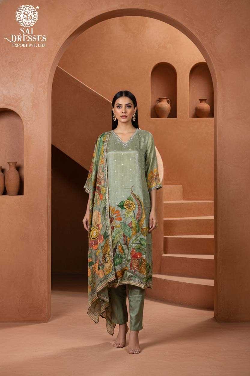 PURE CHINON SAGE GREEN SUIT WITH HEAVY HAND WORK, ARTISTIC FLORAL EMBELLISHMENTS, ELEGANT DRAPE AND PREMIUM FESTIVE FINISH